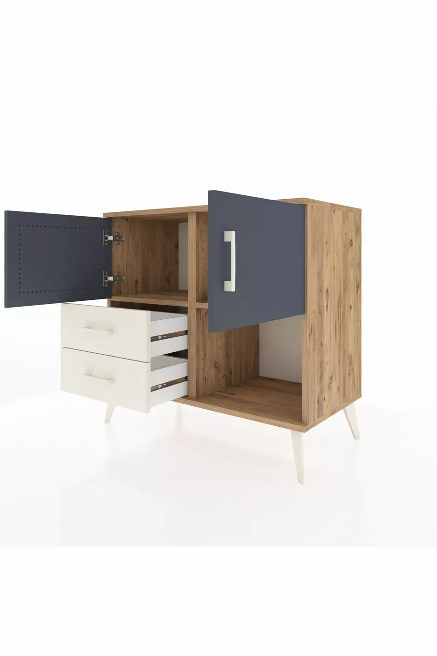 Commode Hyperion avec 2 étagères, 2 tiroirs, 2 portes, en pin anthracite/pierre de lune