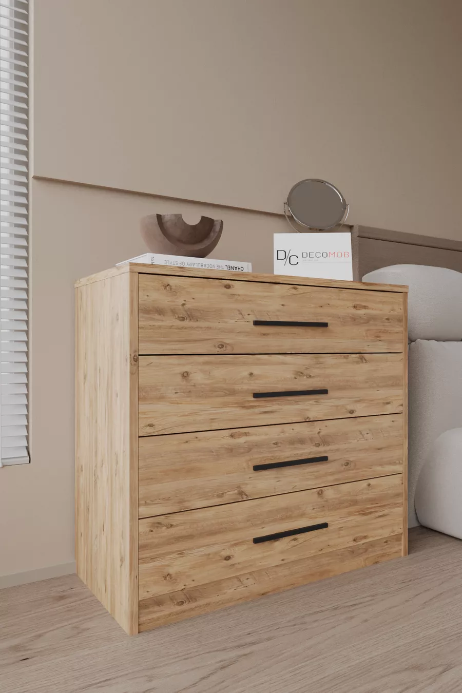 Commode Alya à 4 tiroirs avec poignées noires, pin Atlantique