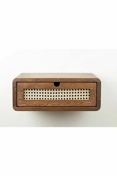 Wooden Rattan Detail Wall-Mounted Modern Nightstand