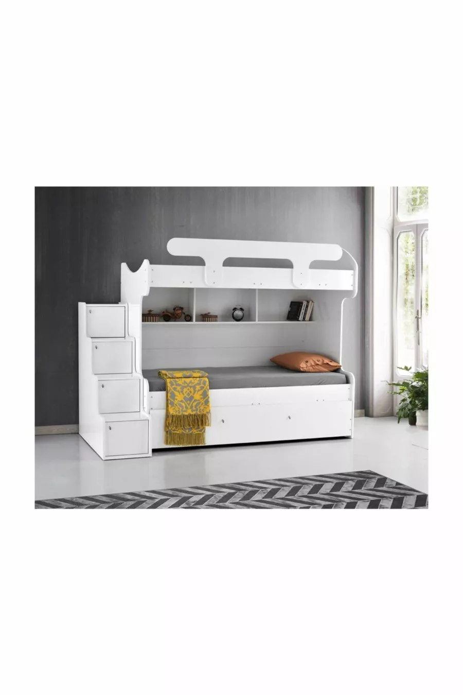 Samara Loft Bed with 3 Beds and Ladder, Bunk Bed with Trundle - Glossy White