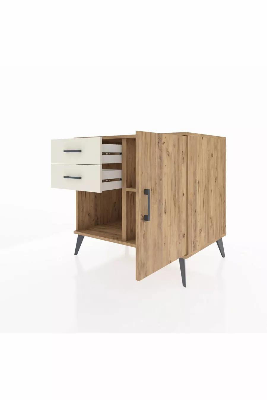 Kronos Dressoir Met Eén Plank, 2 Lades En Eén Deur, Dennen-Dennen/Marmer