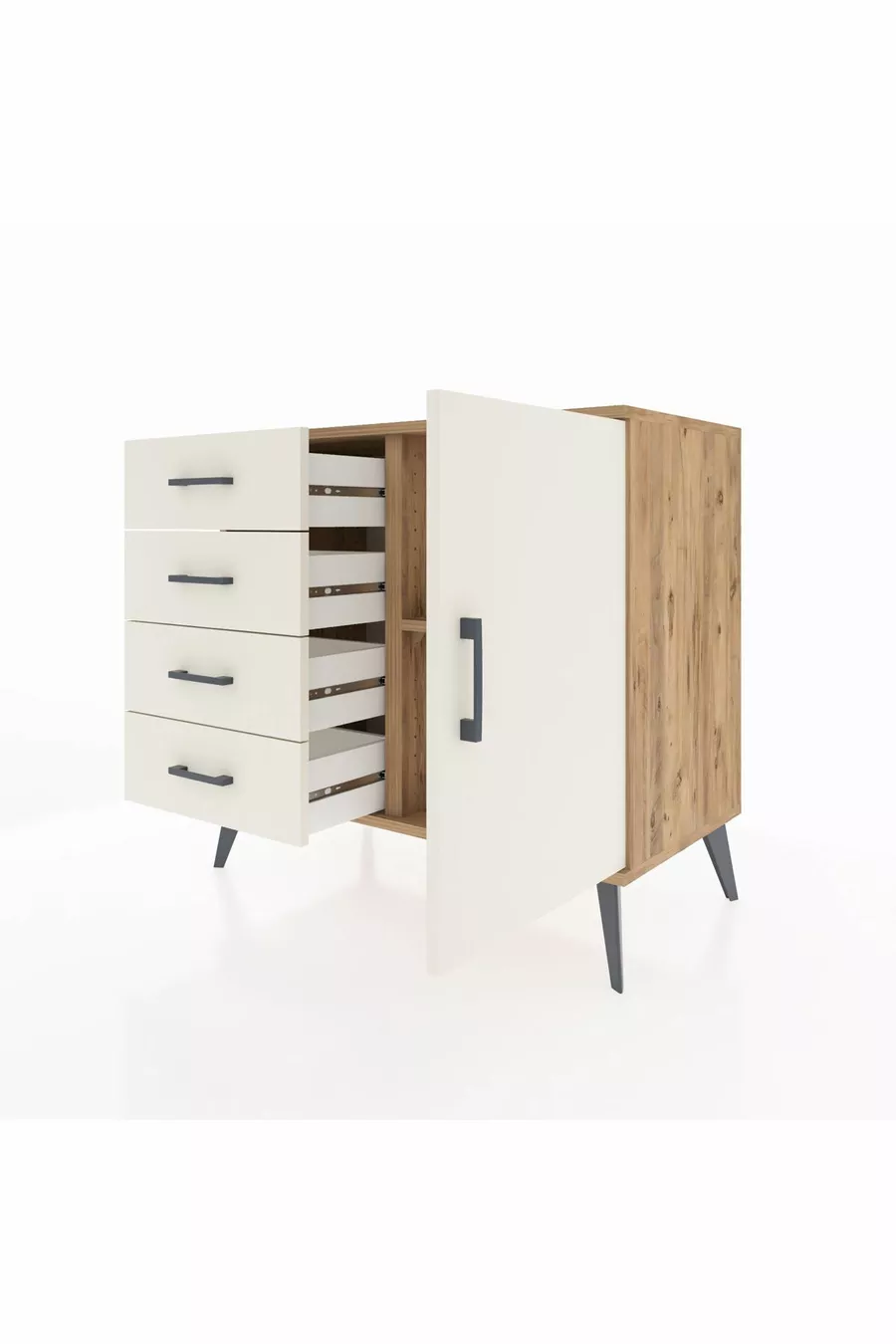 Commode Hyperion à une étagère, 4 tiroirs et une porte, pin et pierre de lune
