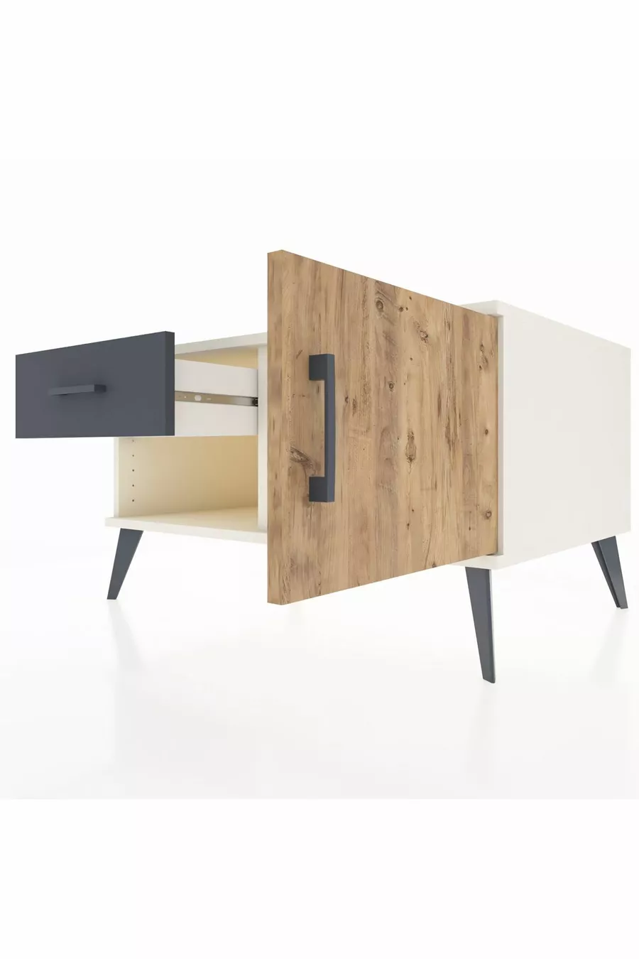 Commode Kronos avec une étagère, un tiroir et une porte, Pierre de lune-Pin/Anthracite