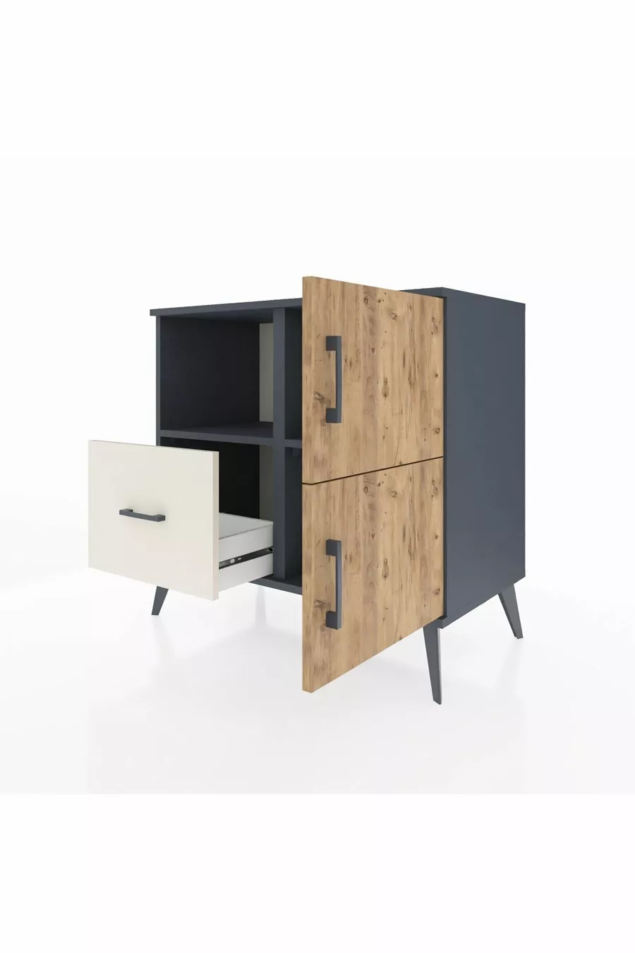 Commode Hyperion à 2 étagères, 1 tiroir, 2 portes, Anthracite-Sapin/Pierre de Lune