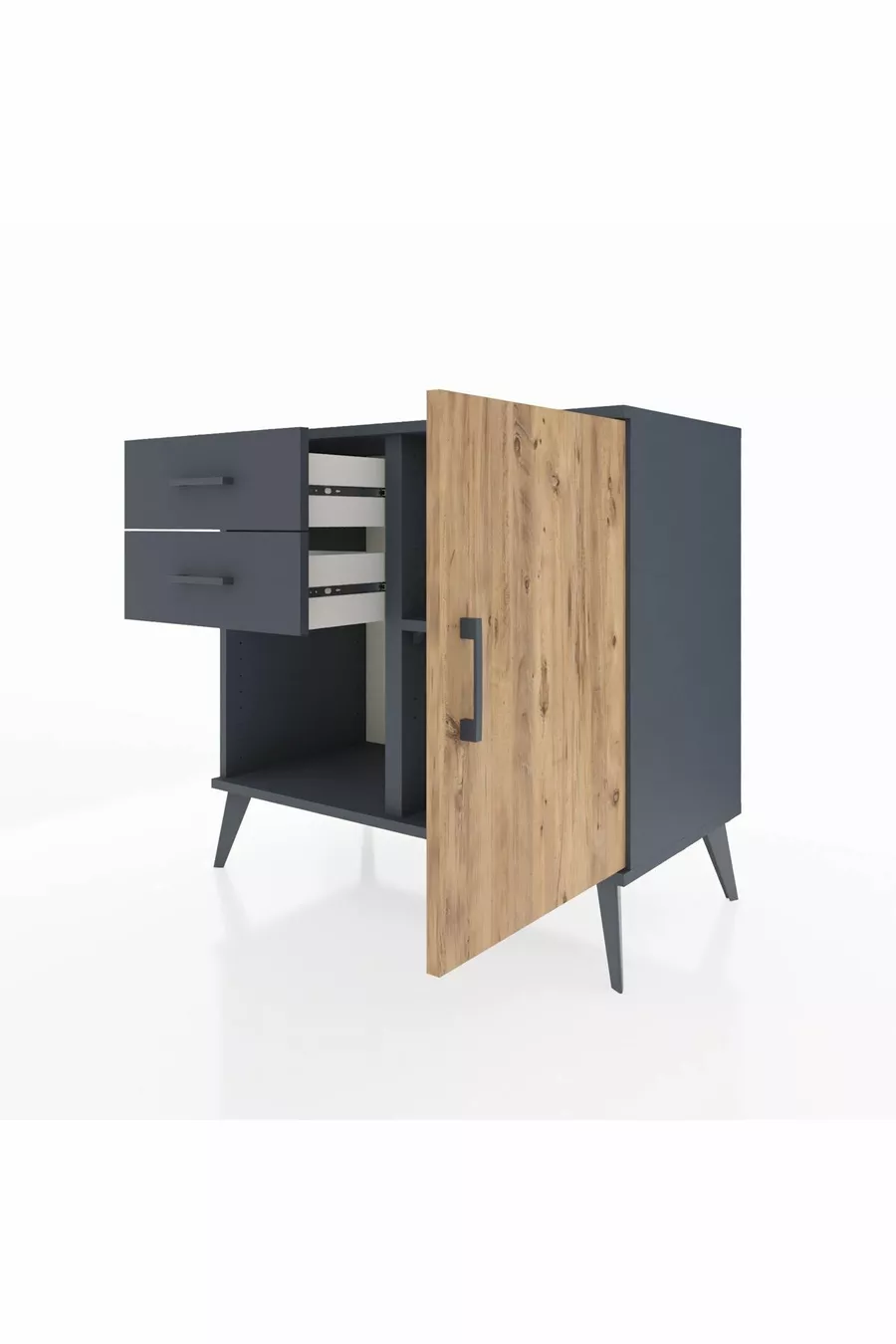 Commode Hyperion à une étagère, deux tiroirs et une porte, anthracite-pin/anthracite