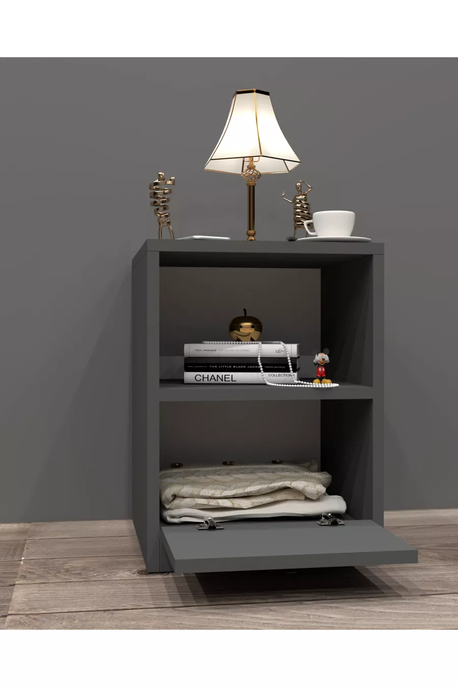Table de chevet Bifur avec compartiment secret, MDF, livré assemblé, pas besoin de montage
