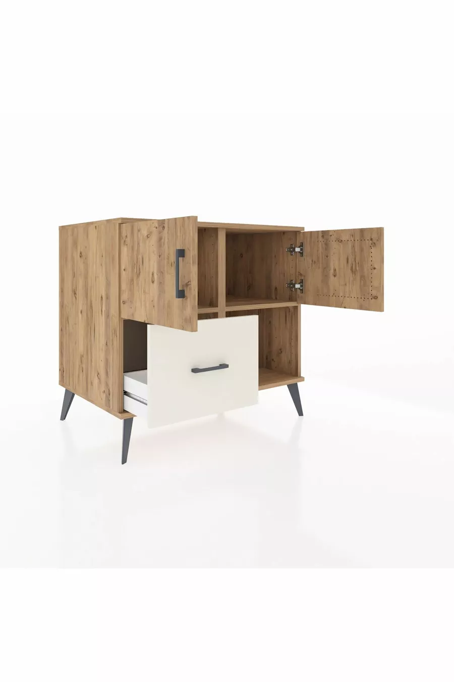 Commode Kronos avec 2 étagères, 1 tiroir, 2 portes, en pin-Pin/Grès