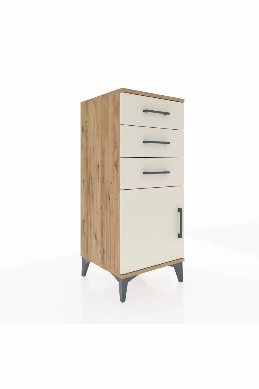 Commode Hyperion avec une étagère, 3 tiroirs et une porte, en pin et travertin