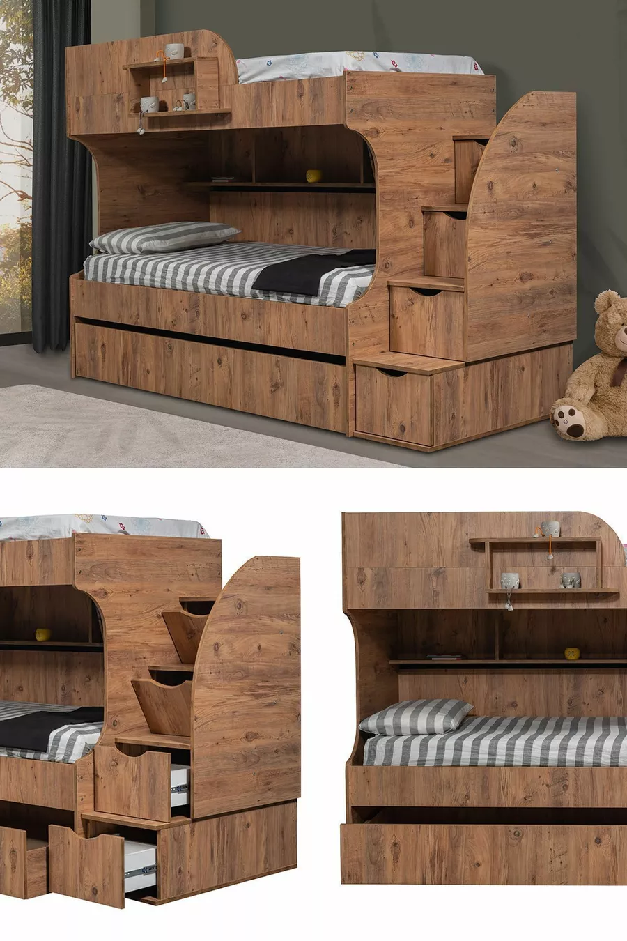 Bunk Bed, Aura Bunk Bed with Small Bed - Dark Walnut