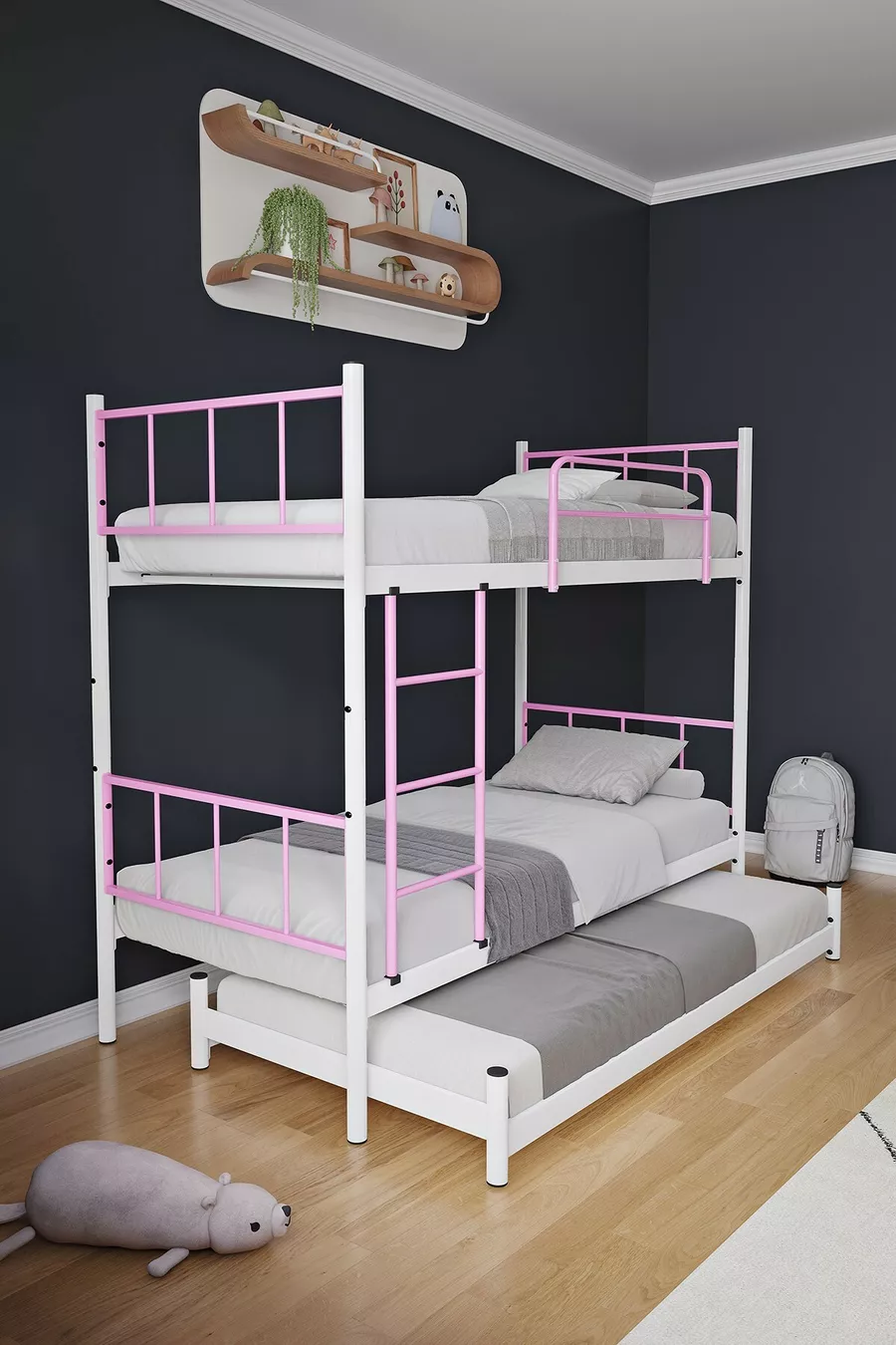 Letto a castello Tekno con cassetti, compatibile per 3 persone, colore rosa chiaro, in metallo