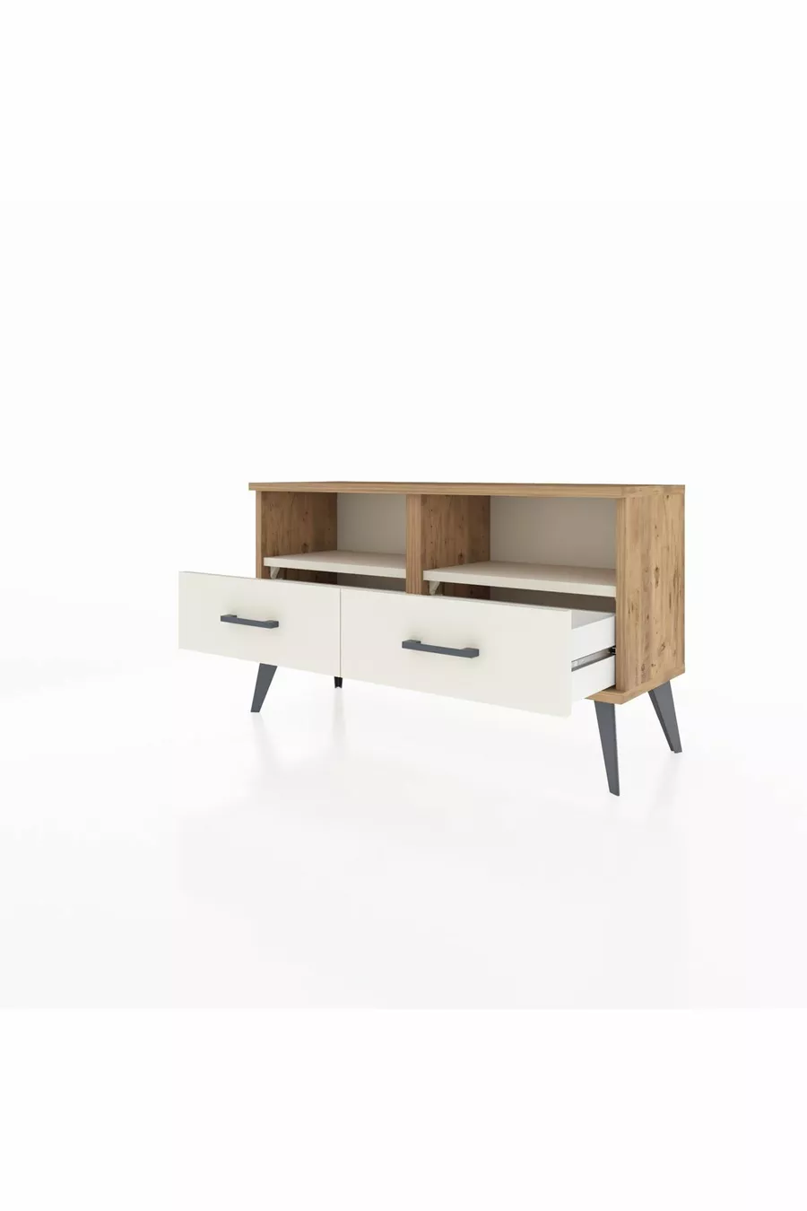Commode Arges 2 étagères 2 tiroirs Pin-Pierre de lave