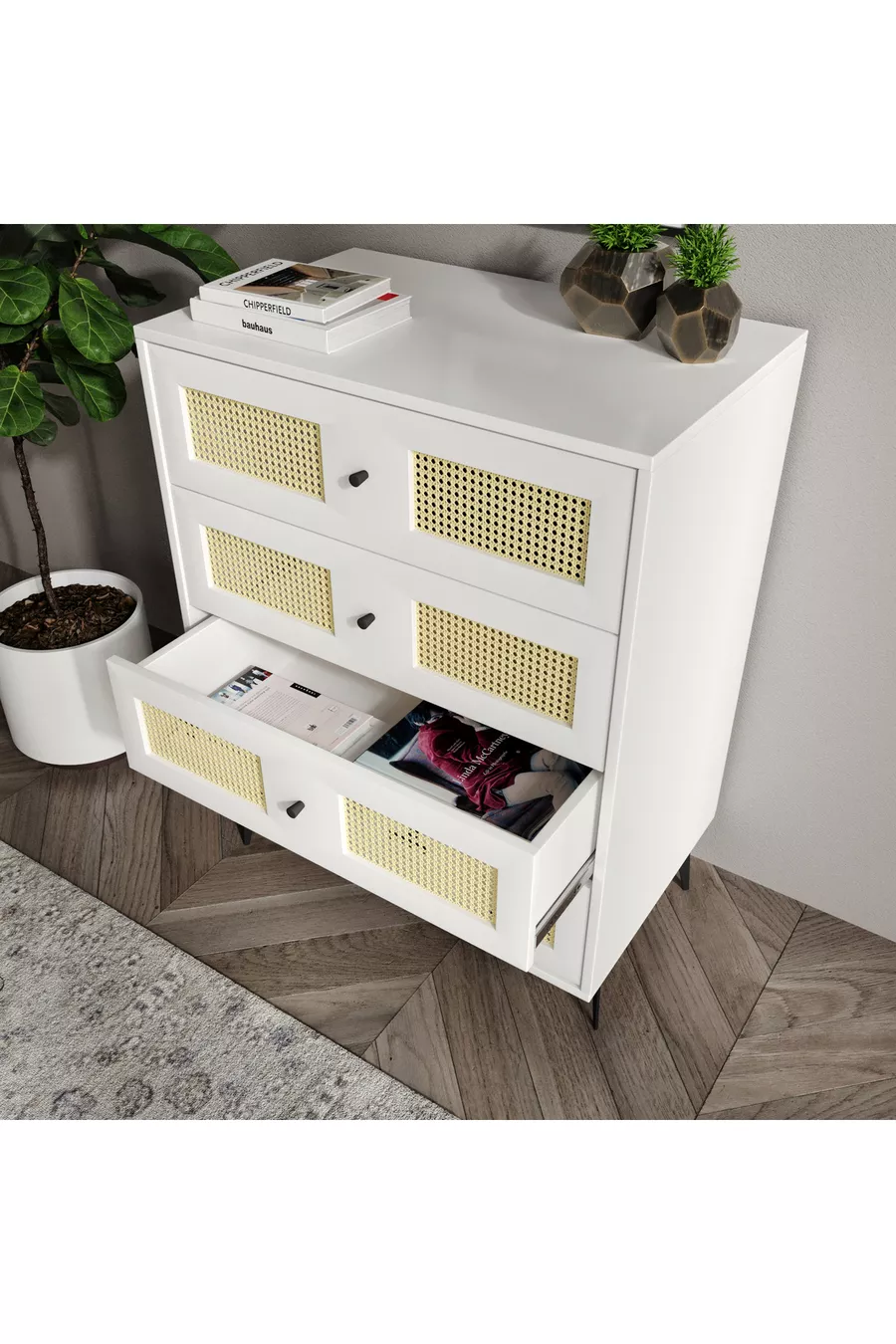 Commode Blanche Moonlight 4 Tiroirs avec Détails de Dessus