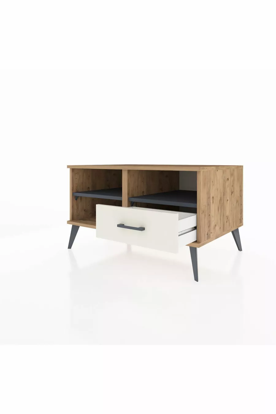 Commode Kronos à 2 étagères et 1 tiroir, en pin-anthracite/gris pierre