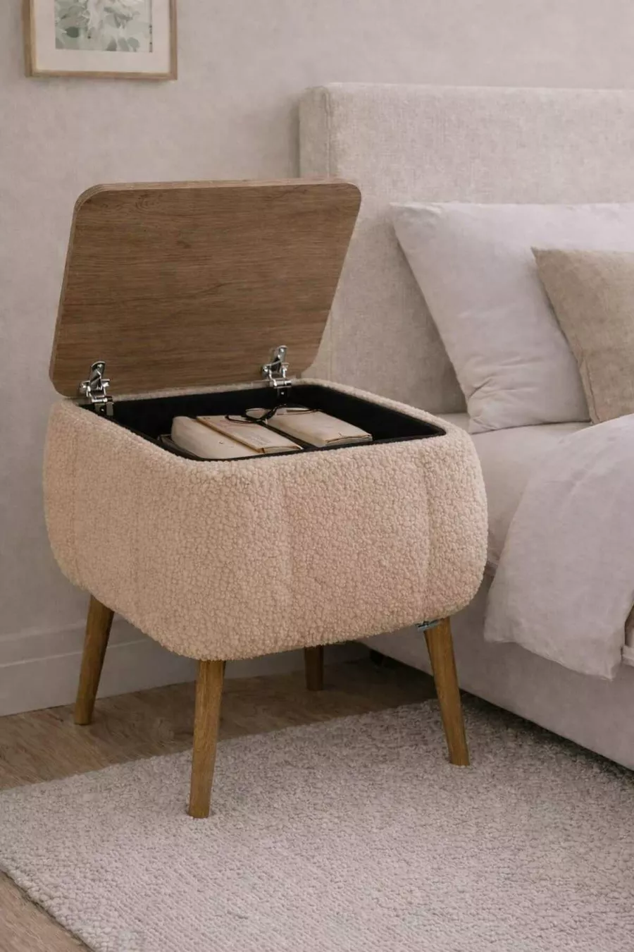 Lina Sandıklı Nightstand, Modern Nightstand with Teddy Fabric Upholstery and Wooden Legs