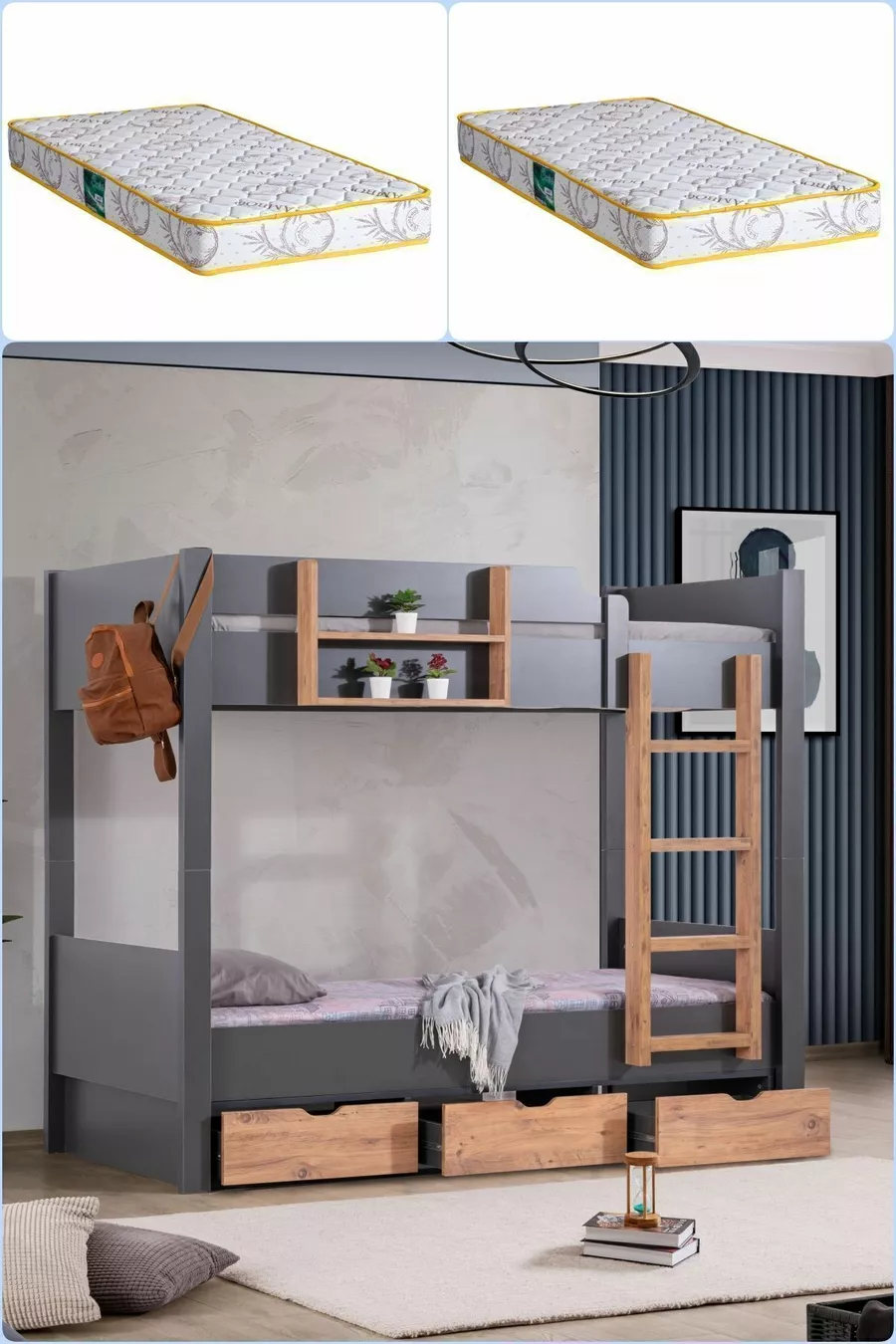 Ranza, Letto a Castello con Cassetti Separabili in Stile Asiatico, 2 Materassi Comfort