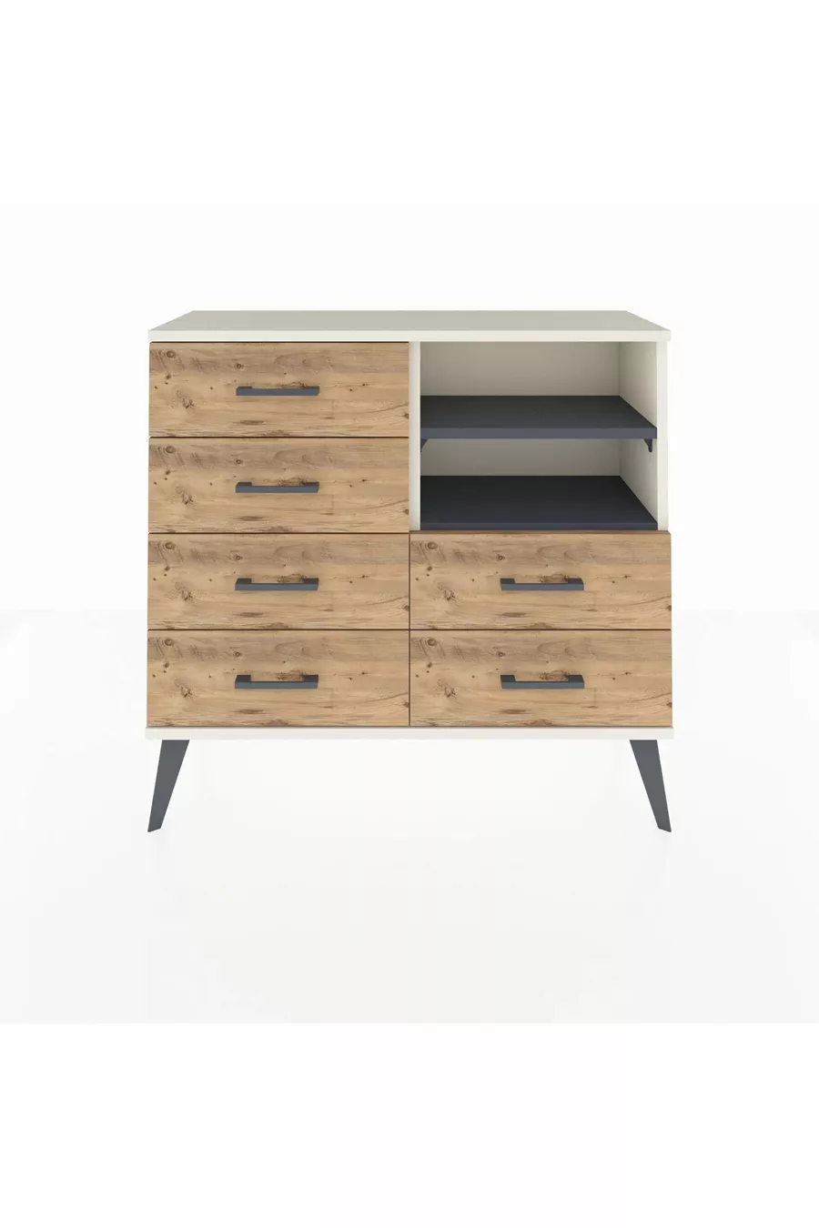 Commode Arges 2 étagères 6 tiroirs Pierre de lune-Anthracite/Sapin