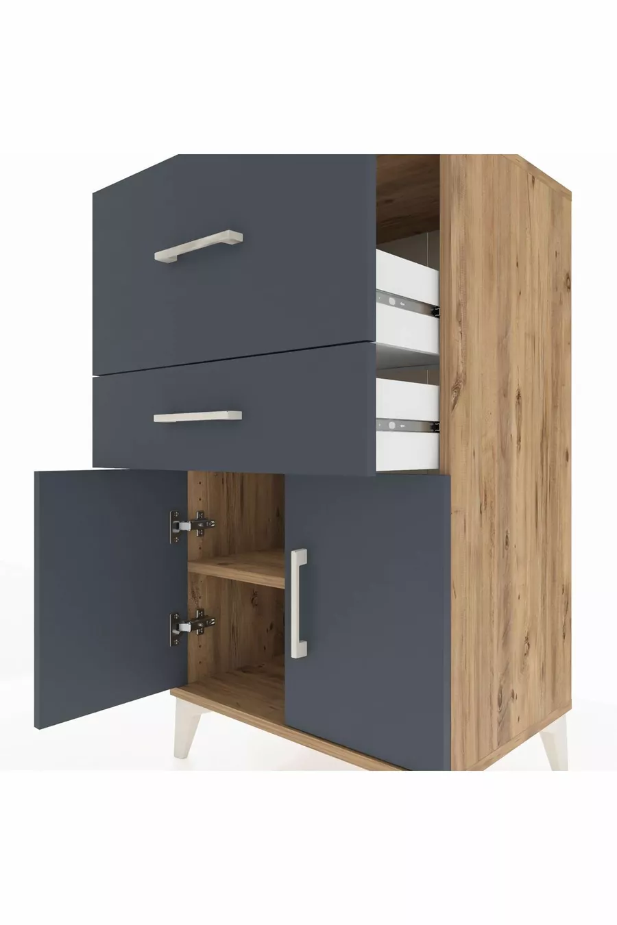 Table de chevet Hyperion avec une étagère, 2 tiroirs et 2 portes, pin-anthracite