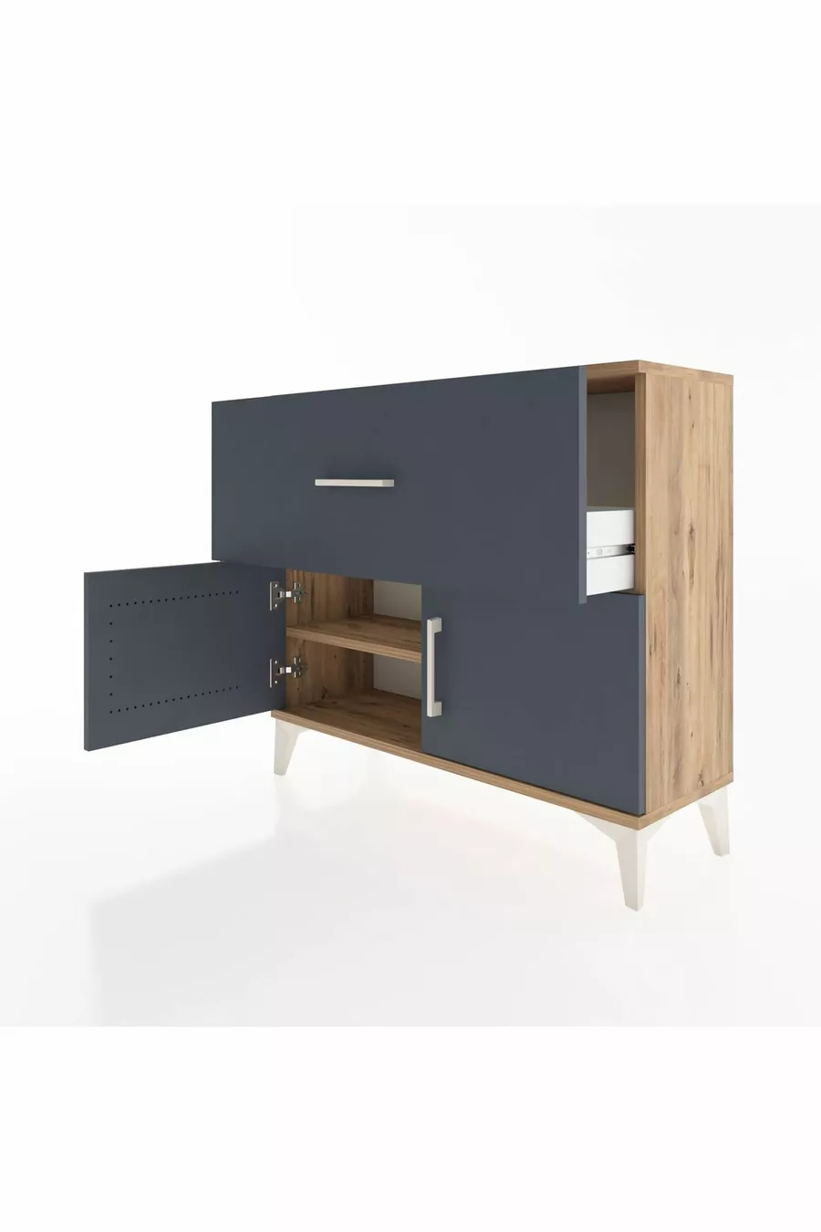 Commode Arges à une étagère, un tiroir et deux portes en pin-anthracite