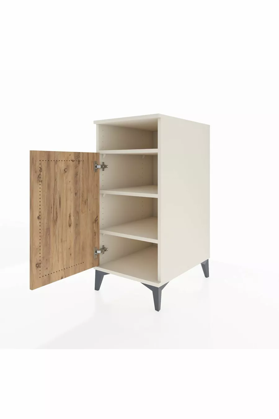 Table de chevet Kronos avec 3 étagères et 1 porte, Pierre de lune-Pin