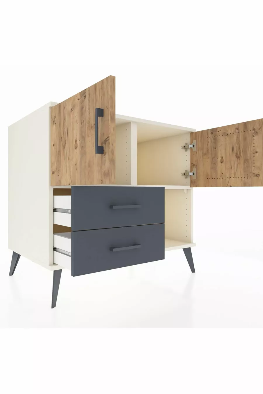 Commode Kronos avec 2 étagères, 2 tiroirs et 2 portes, Pierre de Lune-Pin/Anthracite