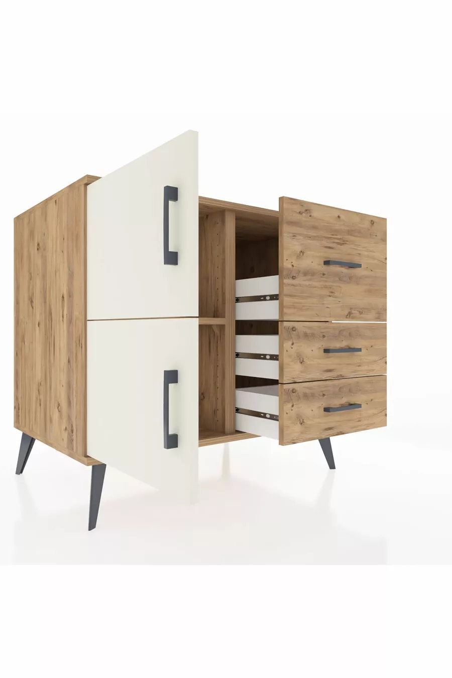 Commode Kronos à une étagère, 3 tiroirs et 2 portes, Pin-Aigue-marine/Pin