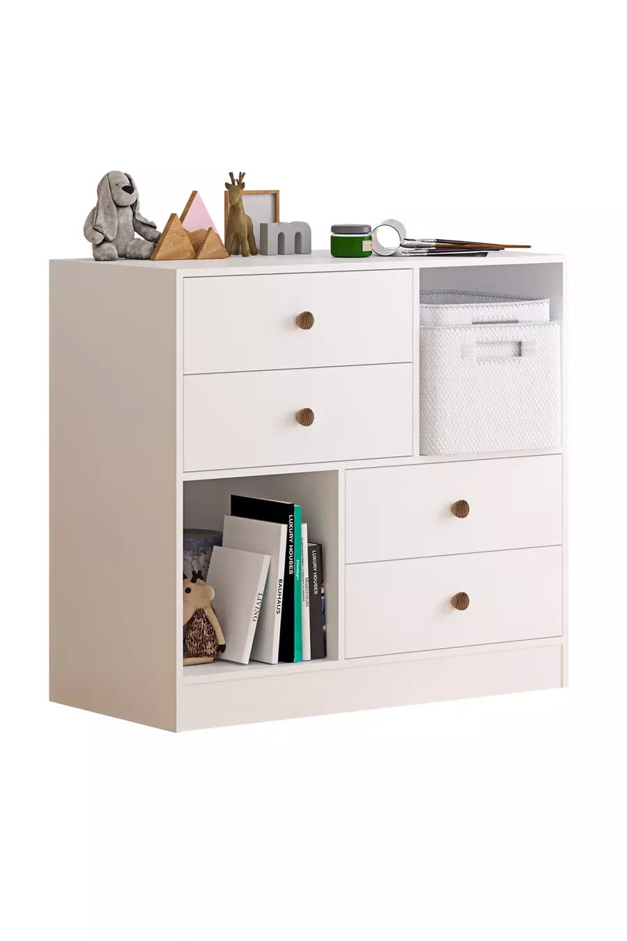 Elif Modern Kommode mit 4 Schubladen und 2 Regalen