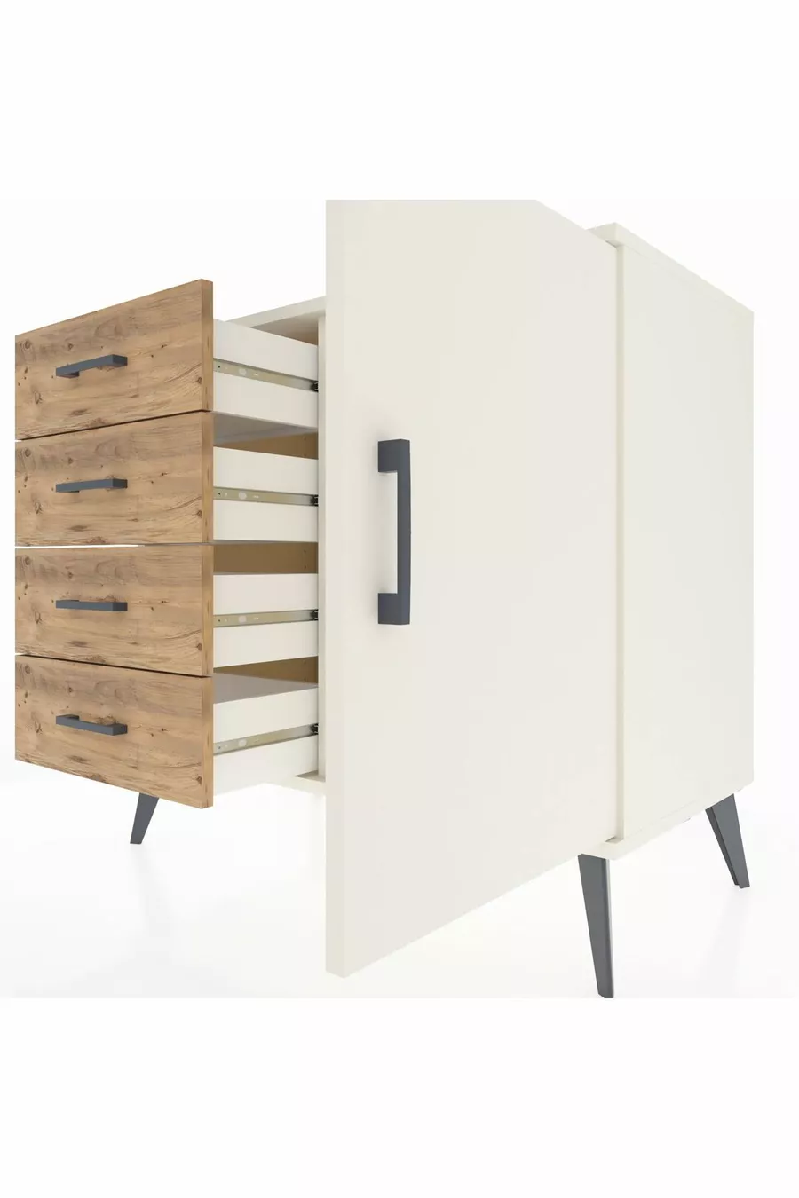 Commode Hyperion avec une seule étagère, 4 tiroirs et une porte, Pierre de Lune/Pins