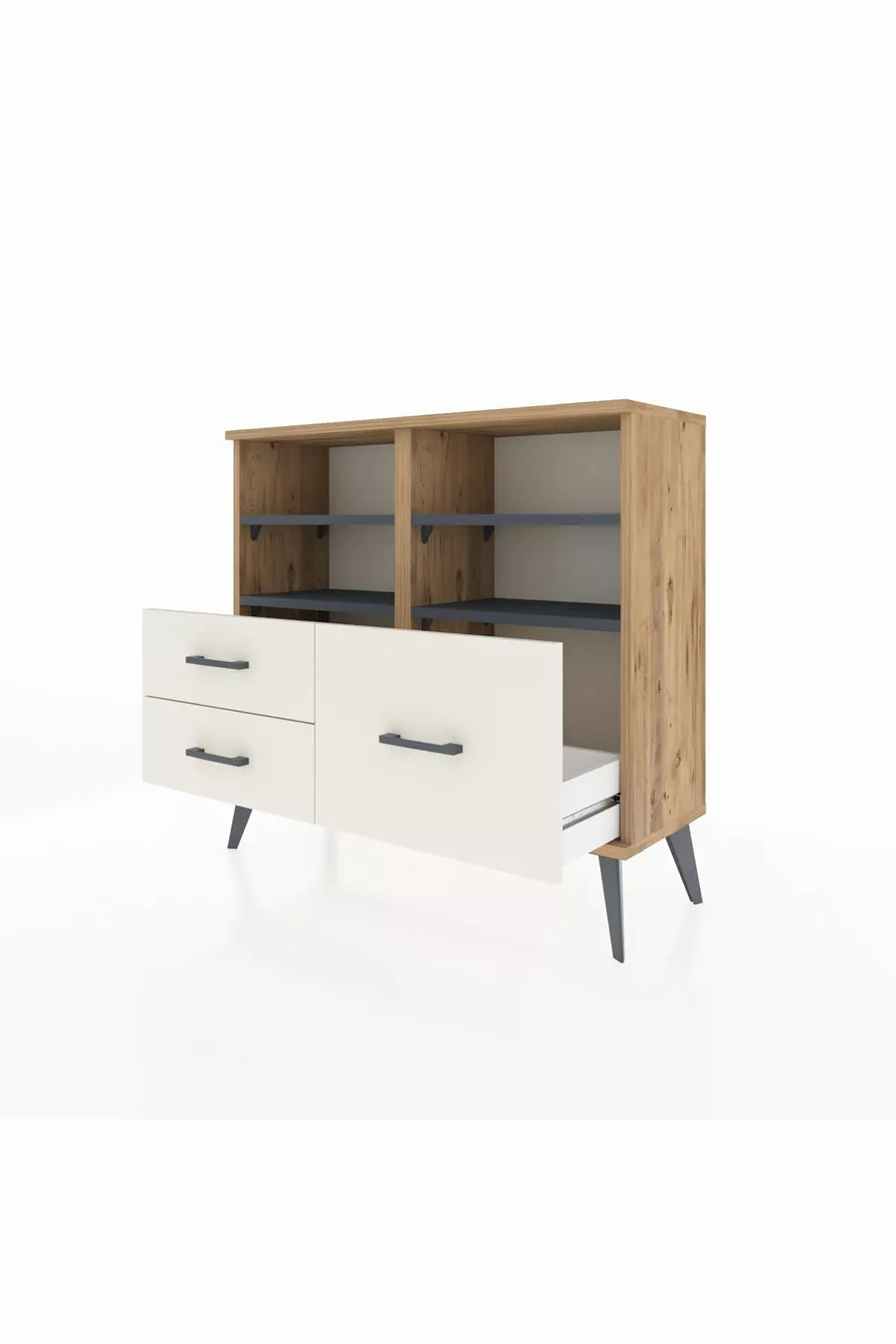 Commode Arges 4 étagères 3 tiroirs Pin-Anthracite/Marbre