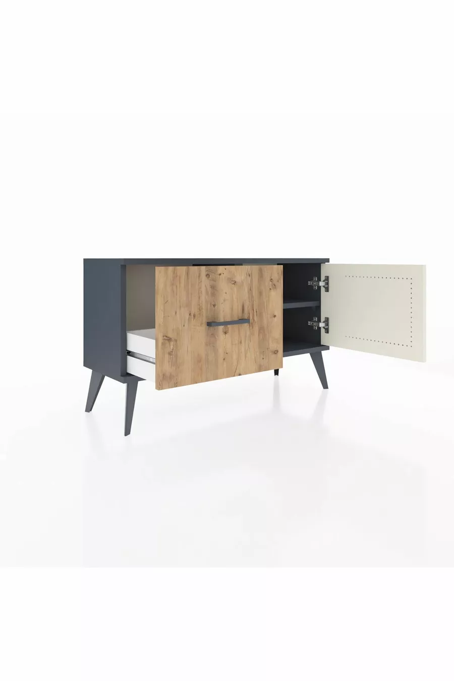 Commode Arges avec une étagère, un tiroir et une porte, Anthracite-Pierre de Lune/Pin