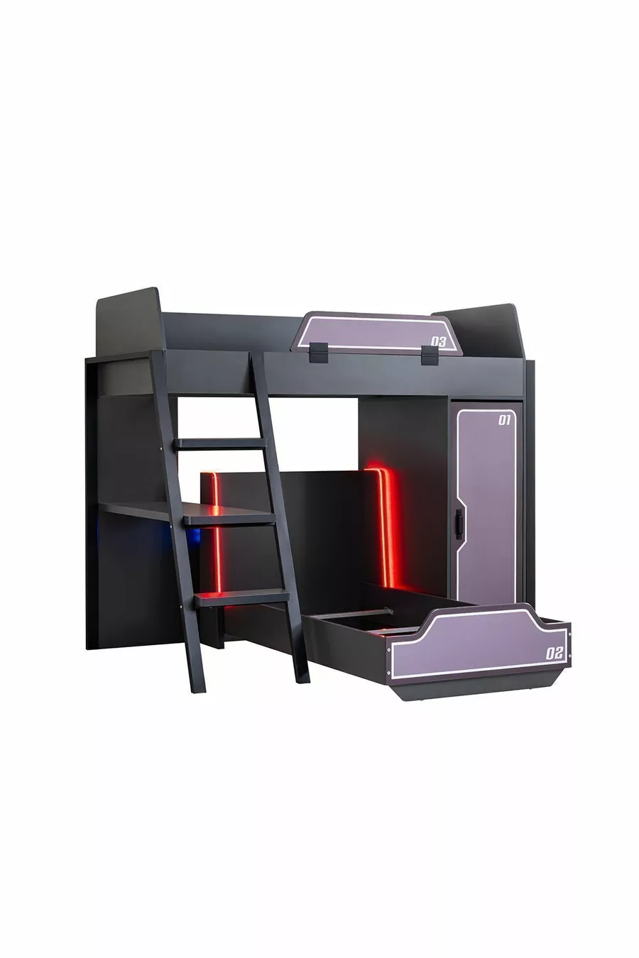 Camera da gioco con letto a castello, letto a castello Gamer con LED, scrivania, armadio e 2 letti comfort
