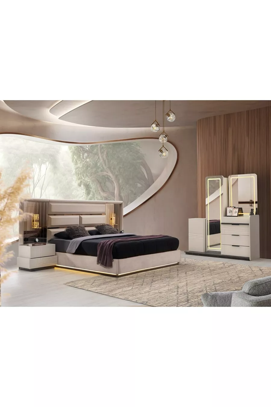 Camera da letto EMİR con base e LED in MDF