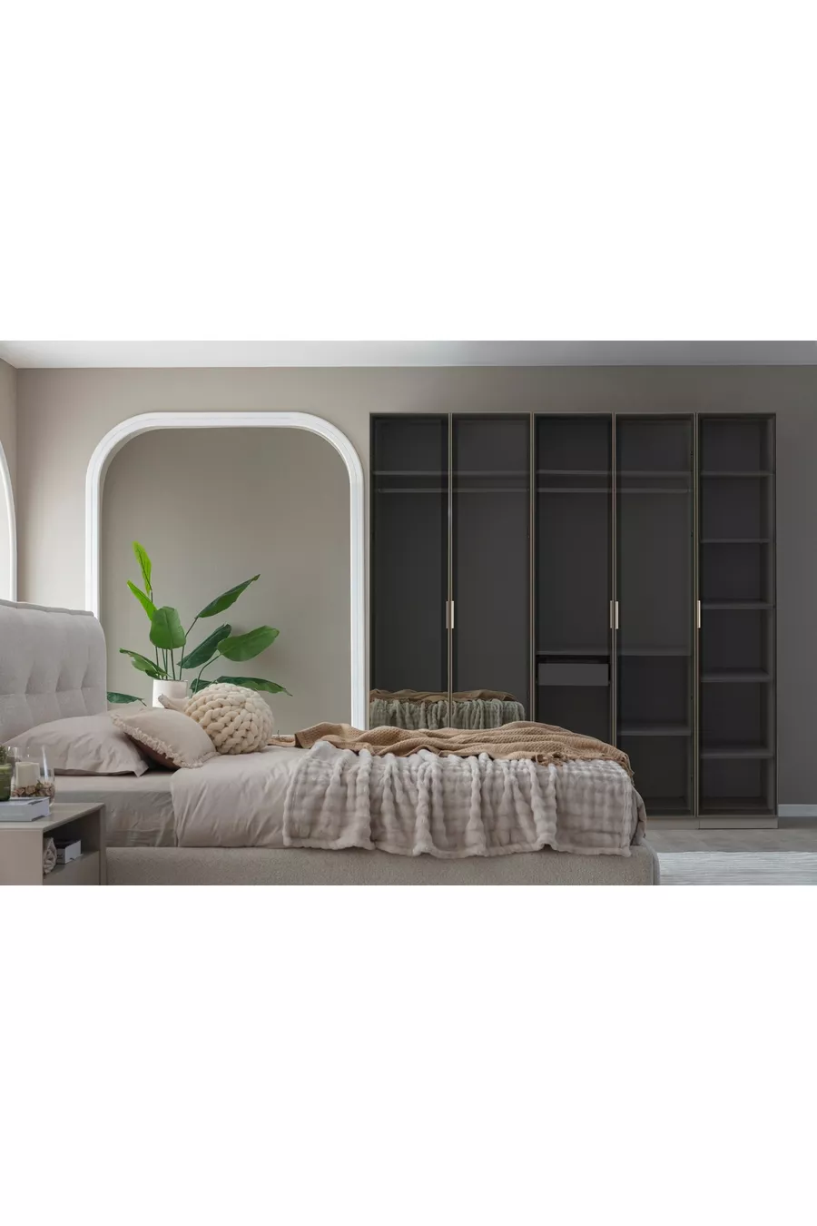 ENSEMBLE DE CHAMBRE PANDOR NOX AVEC VERRE, CRÈME, 5 PORTES