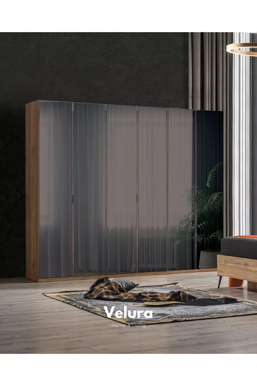 Ensemble de chambre à coucher İzgi (Armoire à 6 portes vitrées + Commode + Table de chevet + Lit)