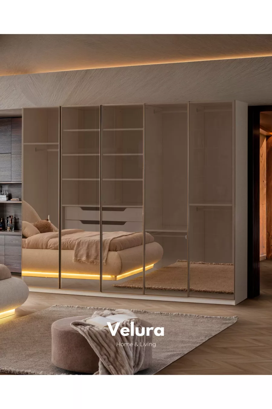 Ensemble de chambre à coucher Marcel 5 avec portes en verre réfléchissant (armoire) - 5 portes