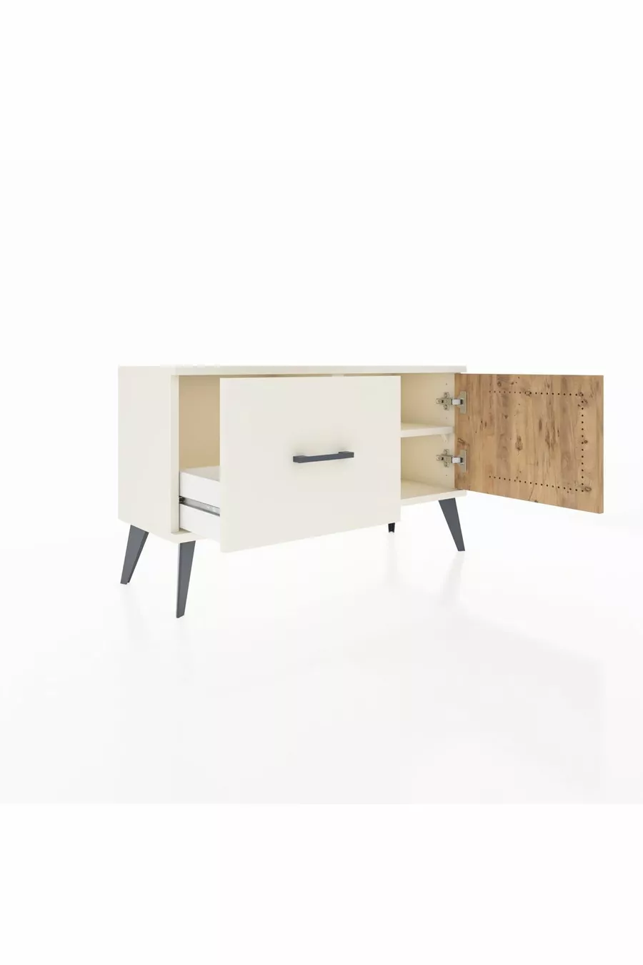 Commode Arges avec une étagère, un tiroir et une porte, coloris Pierre de Lune-Pin/Pierre de Lune