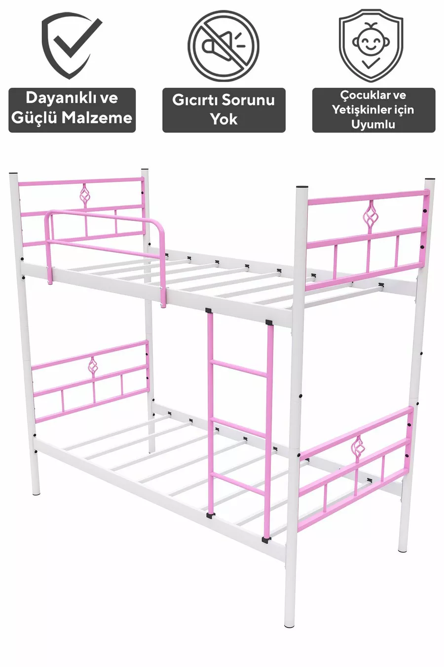 Lit superposé Koza Ranza compatible avec matelas, rose clair, métal détachable