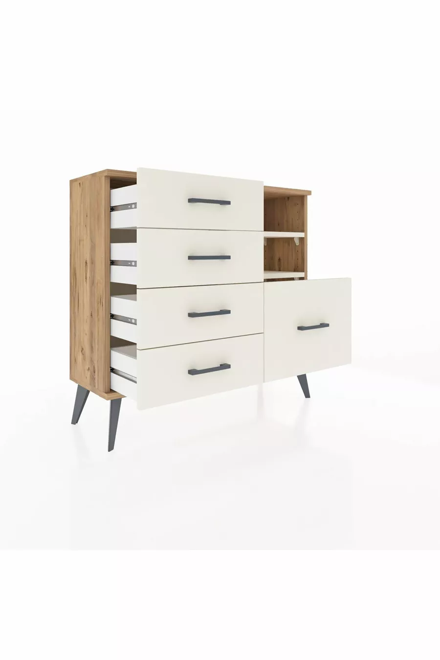 Commode Arges 2 étagères 5 tiroirs Pin-Pierre de lave