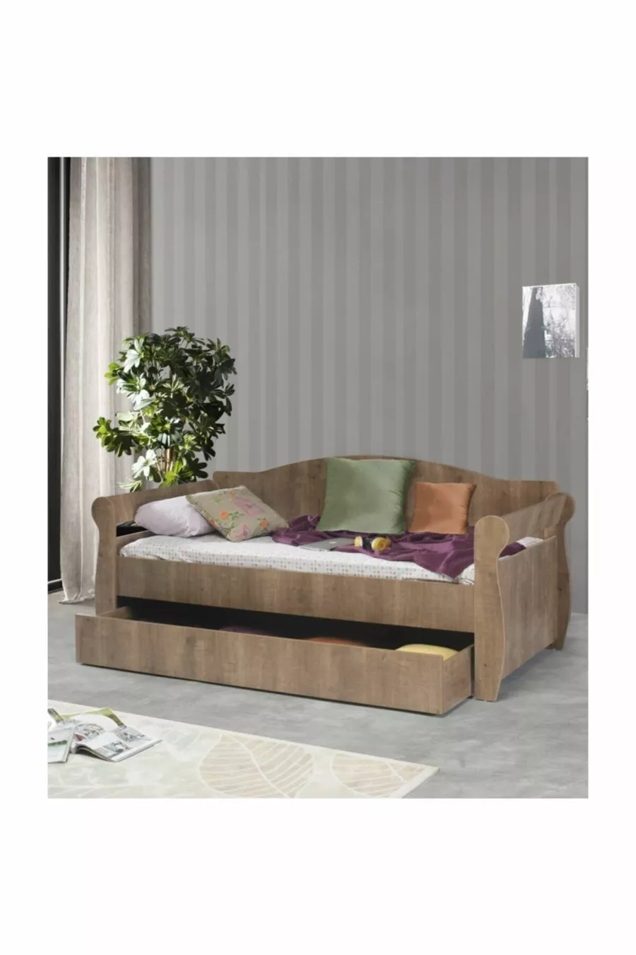 Bunk Bed with Trundle, Wooden Trundle Bed - Walnut