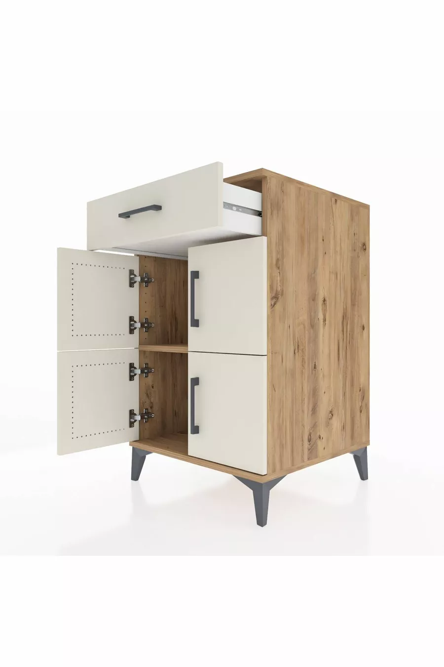 Table de chevet Kronos avec une étagère et un tiroir, 4 portes, pin-pierre de lave