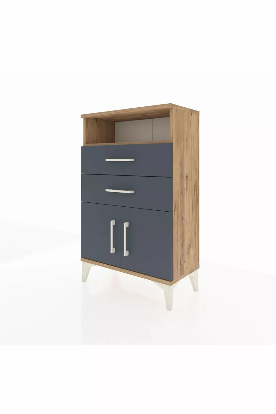 Table de chevet Arges avec une étagère, 2 tiroirs et 2 portes, pin-anthracite