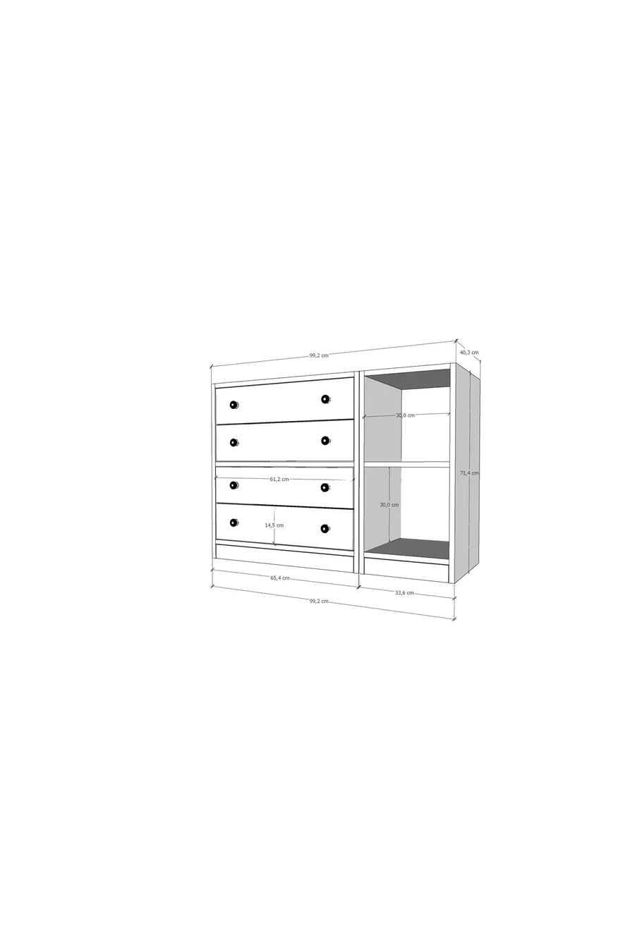 Unité de rangement modulaire avec 4 tiroirs, commode à étagères ouvertes et table de chevet