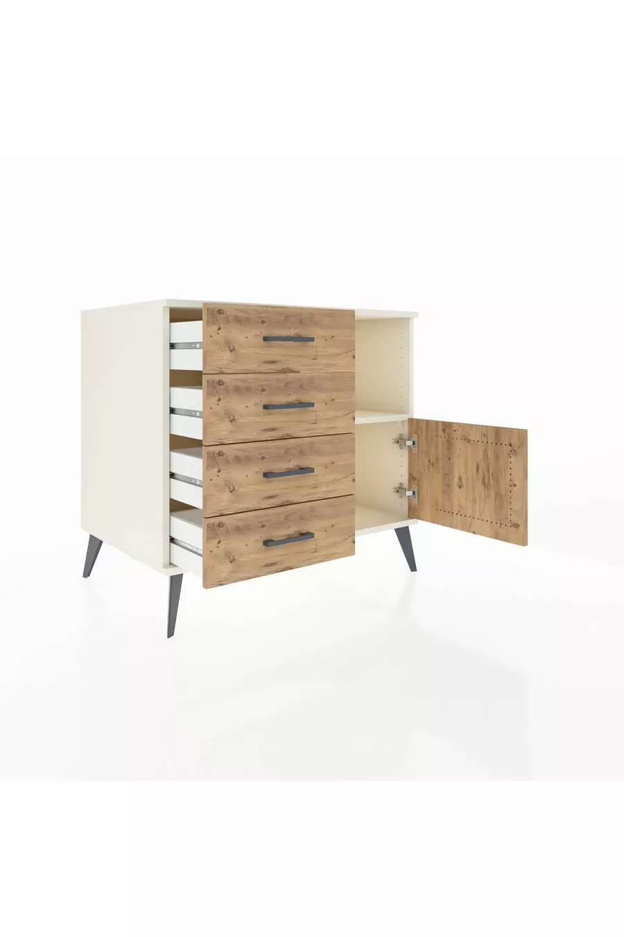 Commode Kronos avec une étagère, 4 tiroirs et une porte, Pierre de Lune-Pin