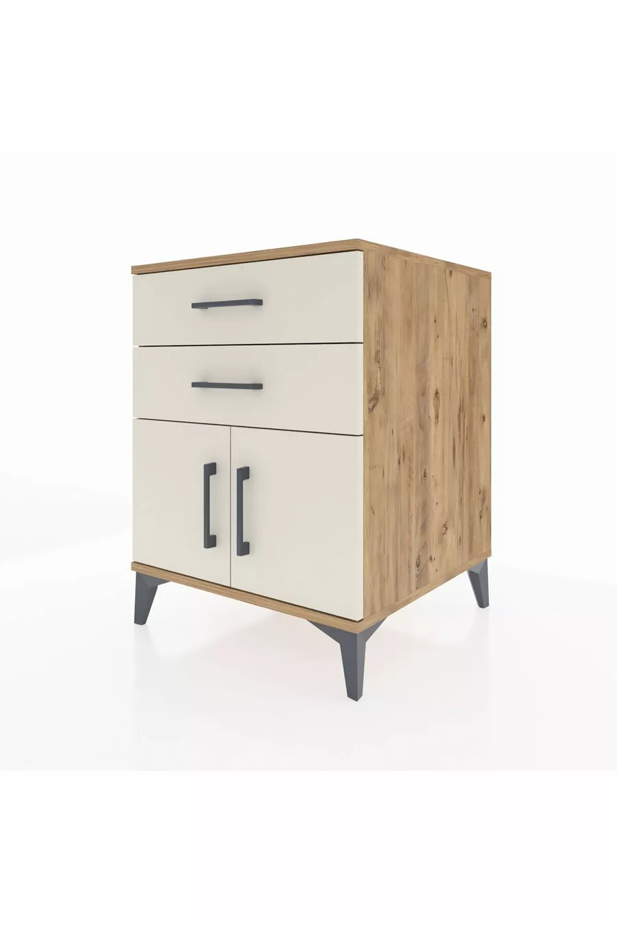 Kronos Table de chevet avec une étagère, 2 tiroirs et 2 portes, pin-pierre d'ardoise