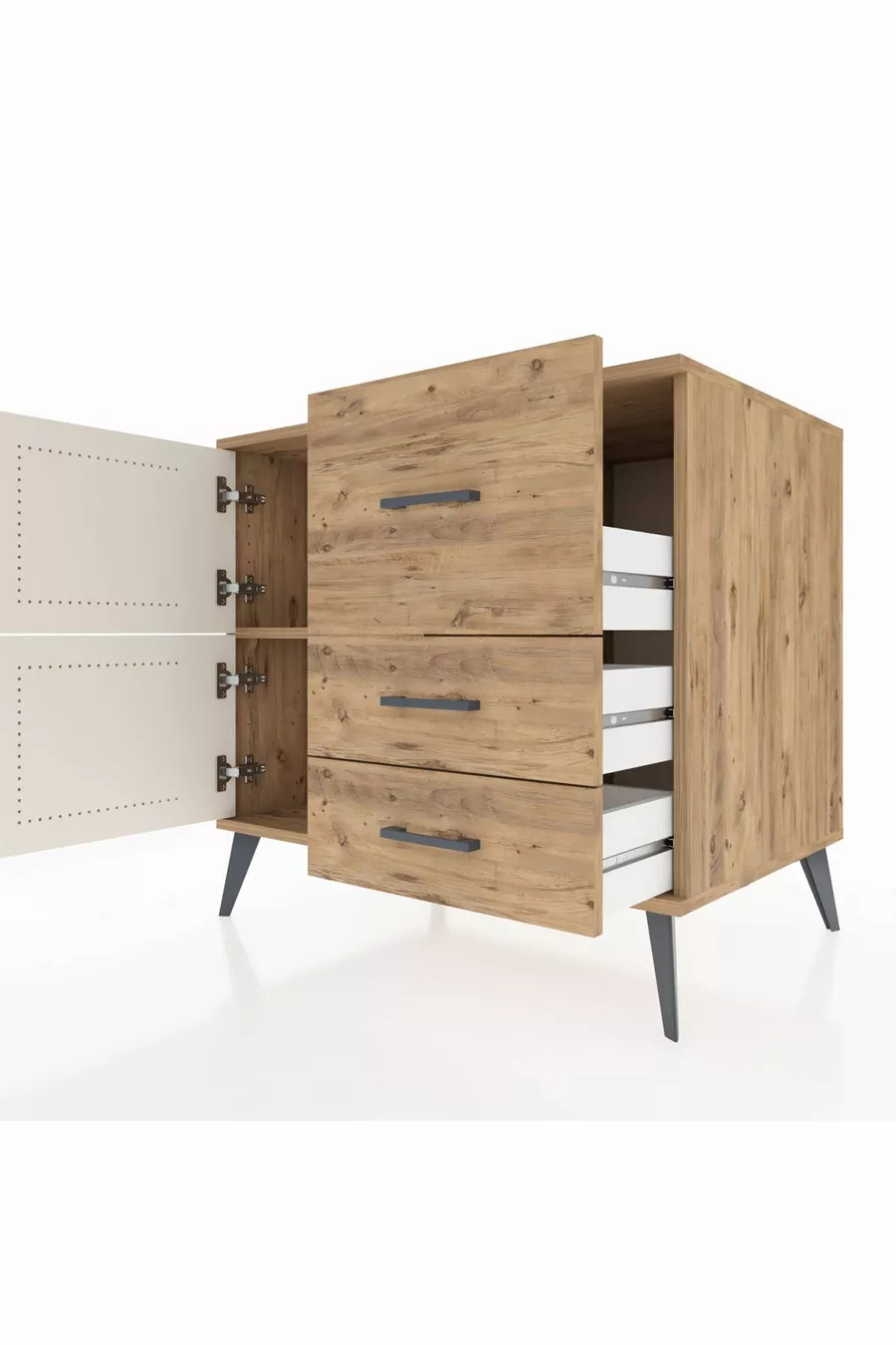 Commode Kronos à une étagère, 3 tiroirs et 2 portes, Pin-Aigue-marine/Pin