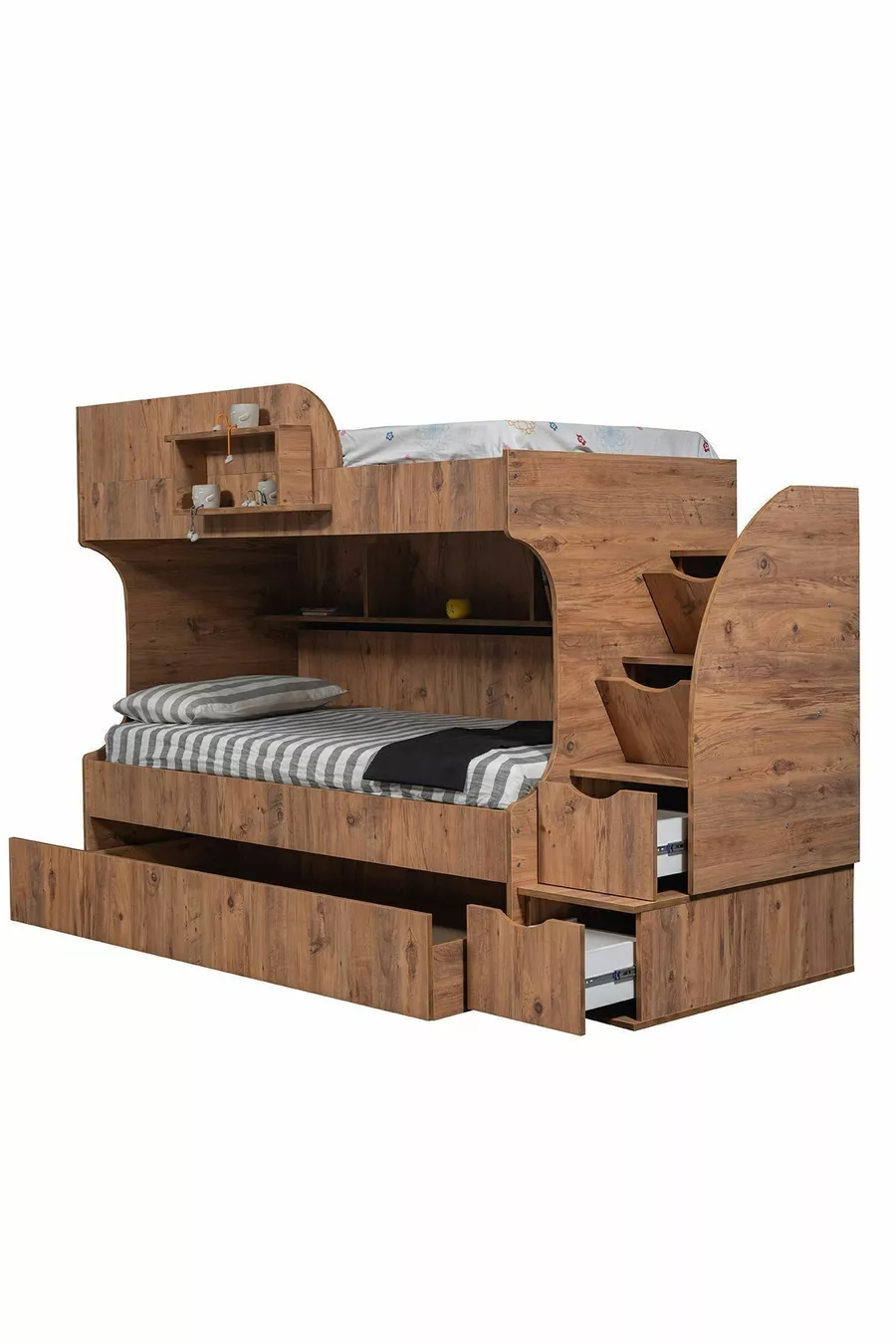 Bunk Bed, Aura Bunk Bed with Small Bed - Dark Walnut