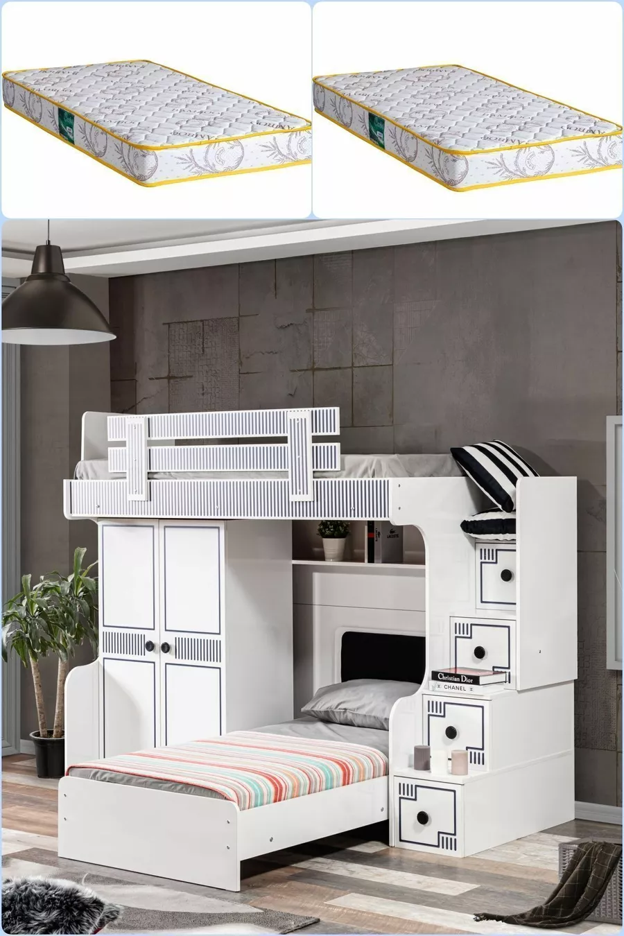 Lits superposés, Lit superposé avec armoire et 2 matelas confort