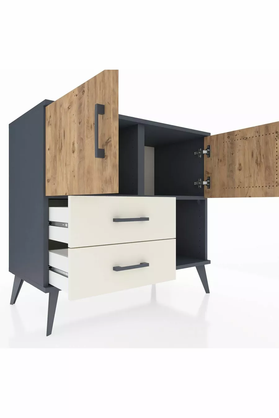 Commode Hyperion 2 étagères 2 tiroirs 2 portes Anthracite-Pin/Gris pierre