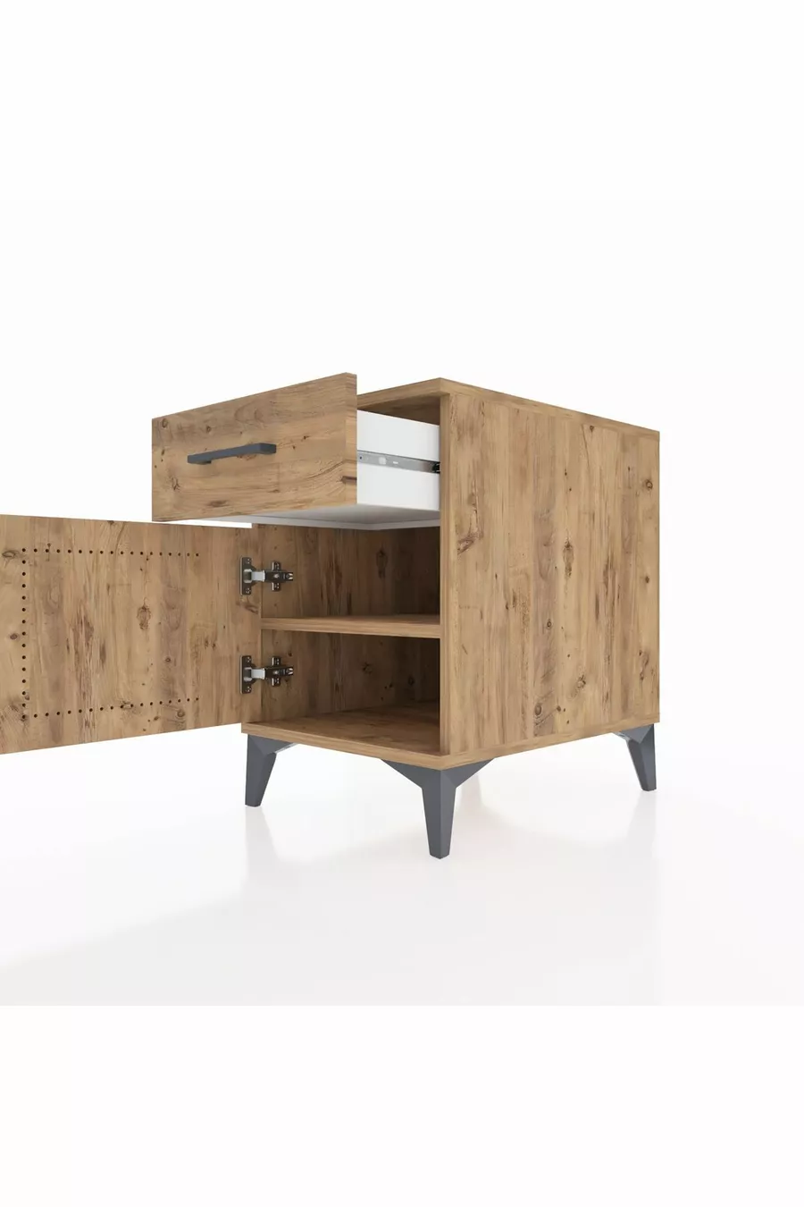 Chevet Kronos avec une étagère, un tiroir et une porte, en pin-pina