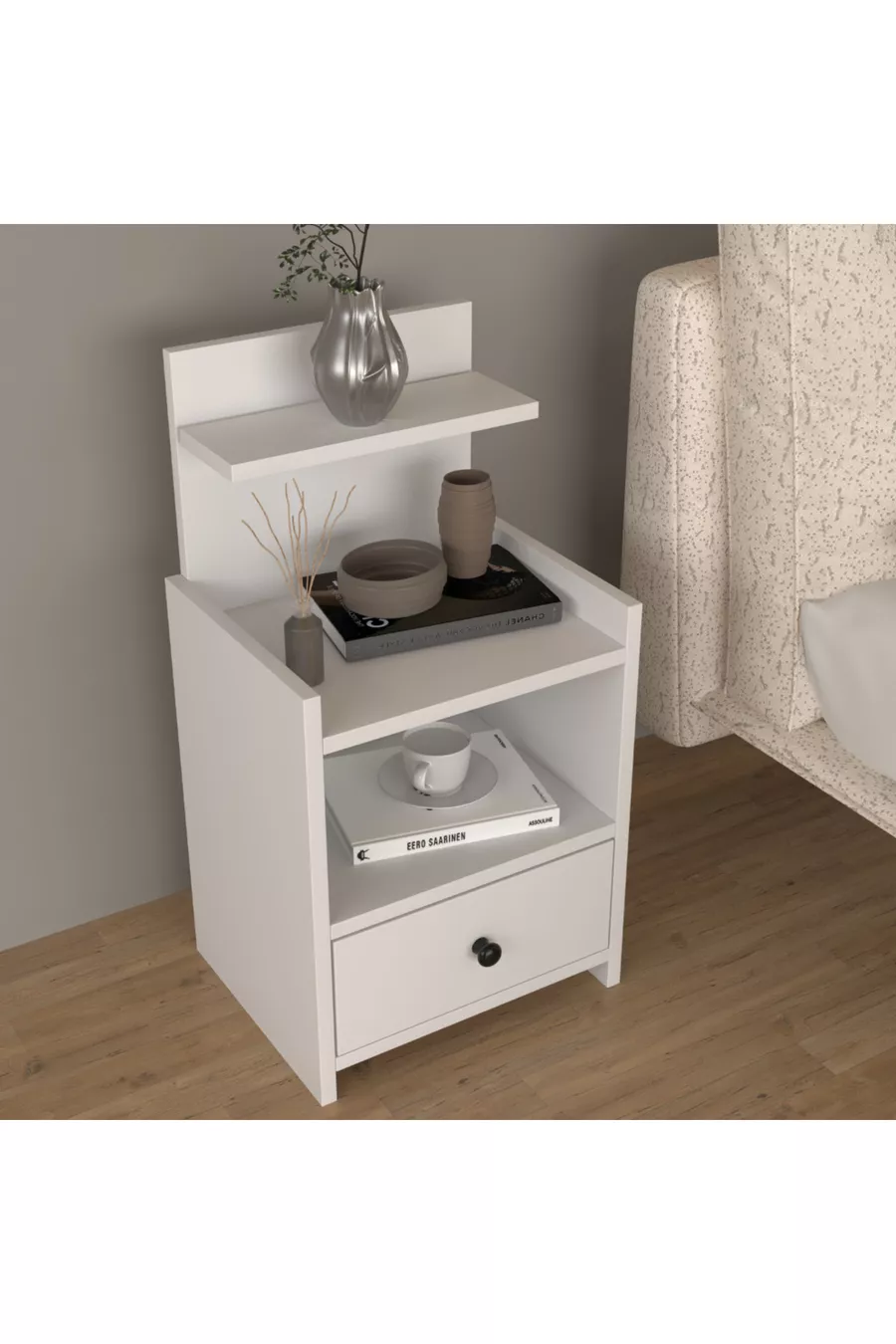 Модерен нощен шкаф с рафтове и чекмеджета, 100% MDF