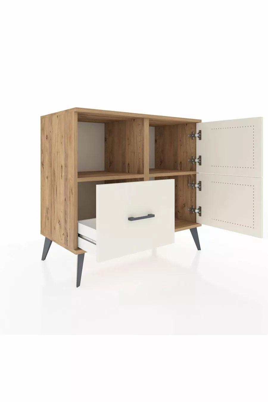 Commode Hyperion avec 2 étagères, 1 tiroir et 2 portes, en pin-pierre d'ardoise